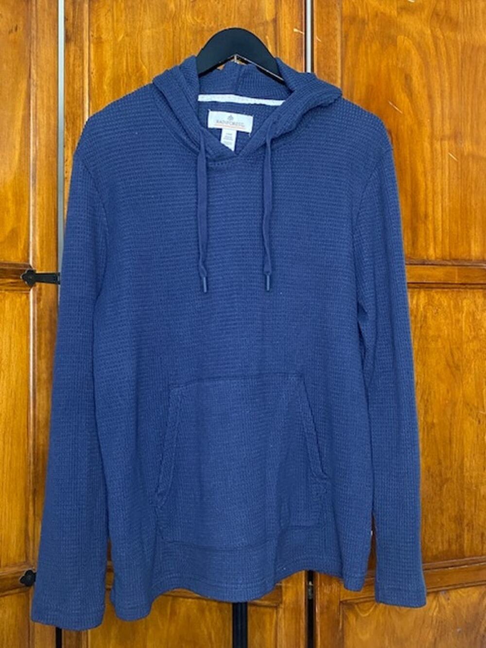 Rainforest Men's Large Hooded Waffle Knit Henley Long Sleeve Pullover Blue